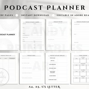 Könnte beinhalten: Ein schwarz-weißer druckbarer Podcast-Planer mit 23 Seiten. Der Planer enthält Abschnitte für die Planung von Podcast-Episoden, Podcast-Rezensionen, Podcast-Themenlisten, Podcast-Ideen, Podcast-Gliederungsvorlagen und Jahresüberprüfungen. Der Planer ist in Adobe Reader bearbeitbar und steht zum sofortigen Download bereit. Der Planer ist in den Größen A4, A5 und US Letter erhältlich.