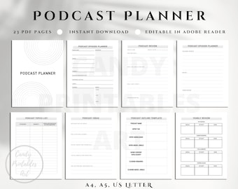 Afdrukbare podcastplanner: invulbare pdf-afleveringtracker, overzichtssjabloon en interviewplanner