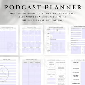 A printable podcast planner page with checkboxes for tracking recording, editing, and publishing tasks for each episode