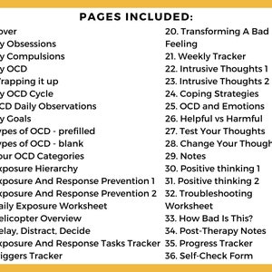 cbt for ocd worksheets, pages included list, 36 pages total, digital file, yellow accent color