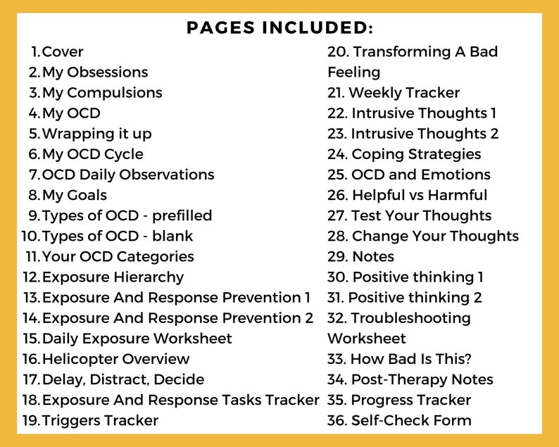 cbt for ocd worksheets, pages included list, 36 pages total, digital file, yellow accent color