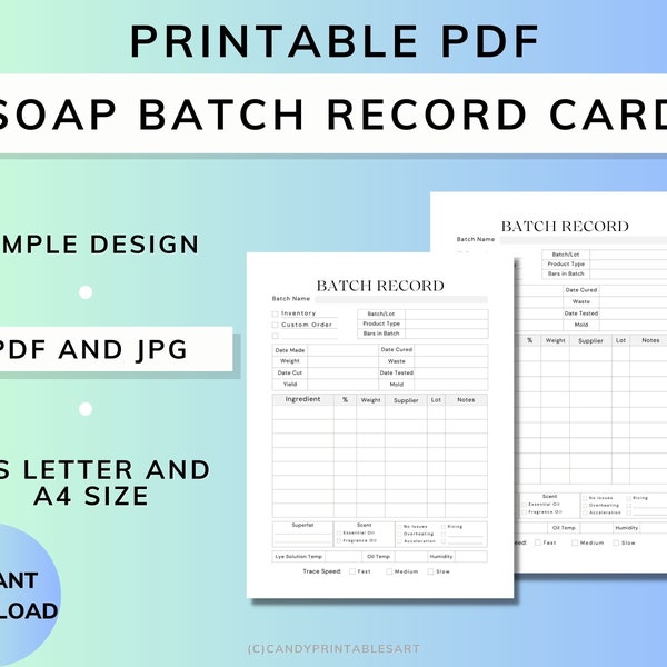 Soap Batch Record, Soap Making Business Template, Soap Product Planner, Printable Insert