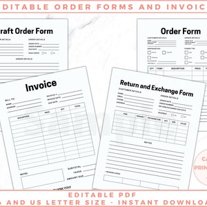 Small business planner, instant digital download, 45 editable PDF pages, printable file with invoices, order forms, inventory trackers for small business. Black and white pages, no graphics, minimalist design. The files are editable.