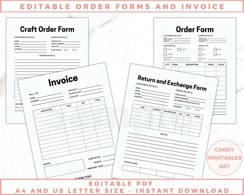 Small business planner, instant digital download, 45 editable PDF pages, printable file with invoices, order forms, inventory trackers for small business. Black and white pages, no graphics, minimalist design. The files are editable.