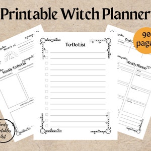 Puede incluir: Un planificador de brujas imprimible con fondo blanco y texto negro. El planificador incluye secciones para la planificaci&oacute;n semanal y mensual, listas de tareas y establecimiento de objetivos. El planificador tiene 90 p&aacute;ginas.
