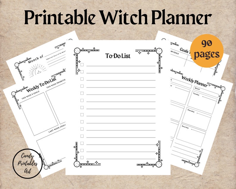Puede incluir: Un planificador de brujas imprimible con fondo blanco y texto negro. El planificador incluye secciones para la planificaci&oacute;n semanal y mensual, listas de tareas y establecimiento de objetivos. El planificador tiene 90 p&aacute;ginas.