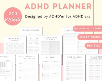 ADHDプランナー（印刷可能）、大人向け270ページデイリーウィークリージャーナル、習慣トラッカー、生産性ログ