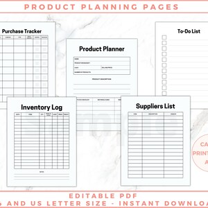 The image shows makers business planner pages - product planning, suppliers list, inventory log. Black and white pages, no graphics, minimalist design. The files are editable in free Adobe Acrobat Reader. The files come in US Letter and A4 size.