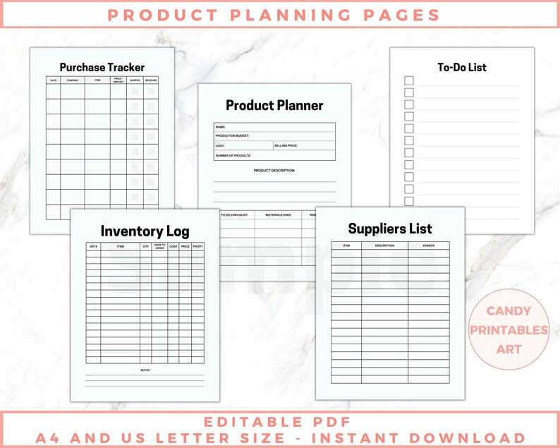The image shows makers business planner pages - product planning, suppliers list, inventory log. Black and white pages, no graphics, minimalist design. The files are editable in free Adobe Acrobat Reader. The files come in US Letter and A4 size.