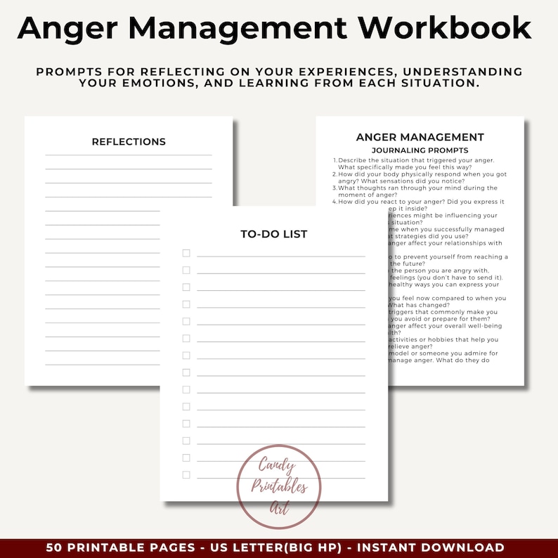 Reflection prompts and journaling page from Anger Management Workbook