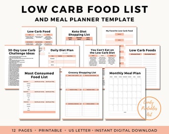 Low Carb Food List, Keto Food List Printable, Low Carb Meal Planner, Keto Grocery List, Healthy Food Tracker, Food Journal, Diet Planner