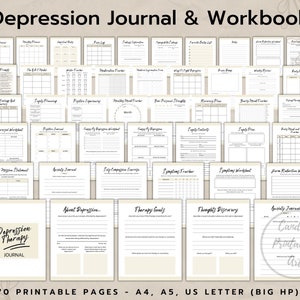 Depression Therapy Journal For Mental Health with Mood Tracker and CBT Worksheets, PDF Workbook with Self Care Plan, Therapist Gift