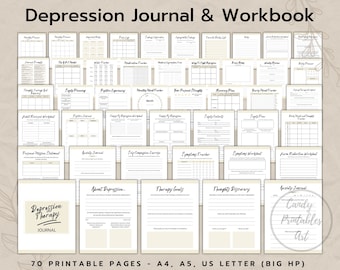 Depression Therapy Journal For Mental Health with Mood Tracker and CBT Worksheets, PDF Workbook with Self Care Plan