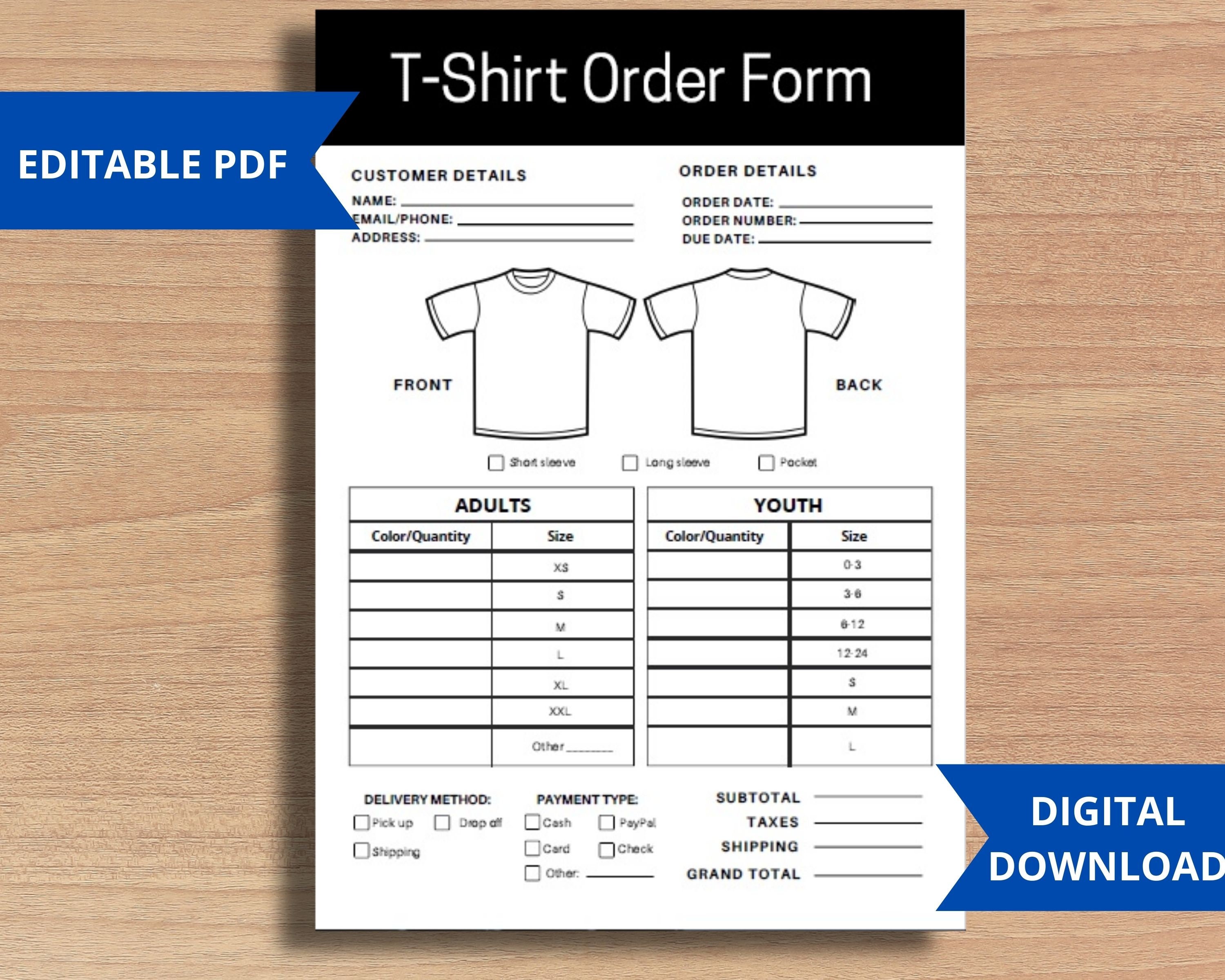 Tshirt Order Form Editable Template Order Fill Out Form Etsy UK