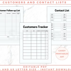 The image shows craft business planner pages - contact lists and customer trackers. Black and white pages, no graphics, minimalist design. The files are editable in free Adobe Acrobat Reader. The files come in US Letter and A4 size.