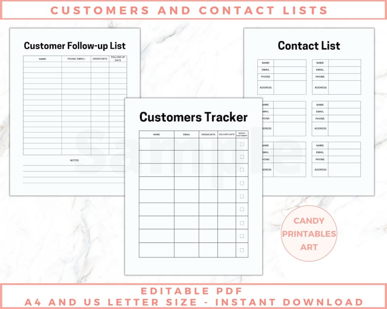 The image shows craft business planner pages - contact lists and customer trackers. Black and white pages, no graphics, minimalist design. The files are editable in free Adobe Acrobat Reader. The files come in US Letter and A4 size.