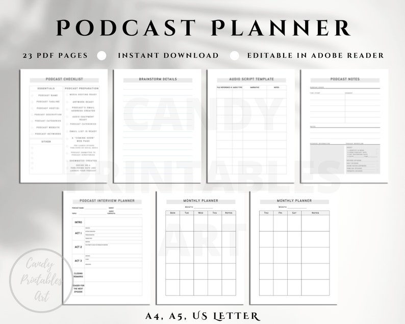 A printable podcast planner page featuring a calendar layout with space for scheduling recording sessions, interviews, and release dates