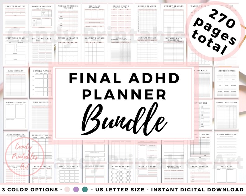 ADHD Journal Planner Bundle Adult Printable ADHD Work Planner Student Adhd Planner Book Budget Planner Checklist Template Planner Sheets 