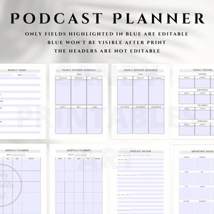 A printable podcast planner page with sections for tracking podcast analytics, listener feedback, and social media engagement