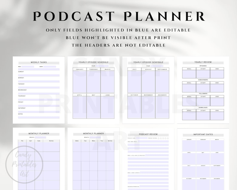 A printable podcast planner page with sections for tracking podcast analytics, listener feedback, and social media engagement