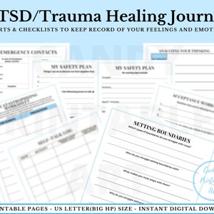 May include: A digital download of a PTSD and Trauma Healing Journal with 100 printable pages. The journal includes worksheets and checklists to help with setting boundaries, analyzing thoughts, and creating a safety plan. The journal is designed to help people keep track of their feelings and emotions.