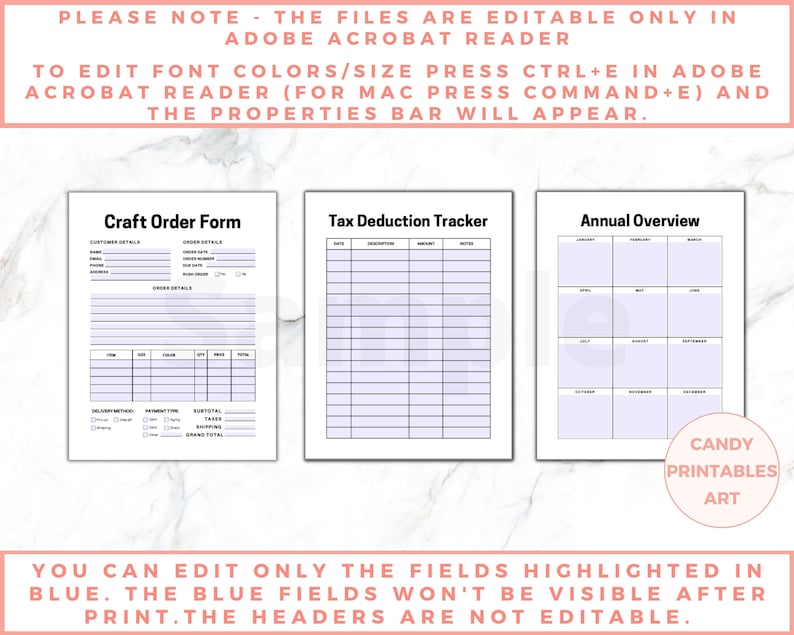 The image shows what can be edited  in free Adobe Acrobat Reader. The fields highlighted in blue can be filled in on PC. The headers are not editable.