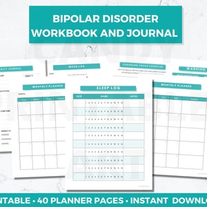 May include: Printable workbook and journal for managing bipolar disorder. Includes pages for daily journaling, mood tracking, sleep logging, monthly planning, and identifying warning signs.