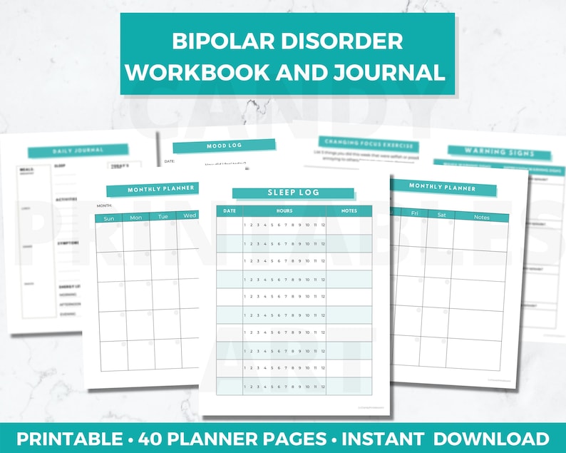 May include: Printable workbook and journal for managing bipolar disorder. Includes pages for daily journaling, mood tracking, sleep logging, monthly planning, and identifying warning signs.