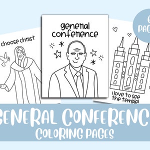 Puede incluir: Un conjunto de páginas para colorear en blanco y negro con temas religiosos. Las páginas presentan dibujos de Jesús, un hombre con traje y un templo. El texto incluye "i choose christ", "general conference" y "i love to see the temple". También están presentes las palabras "General Conference Coloring Pages".