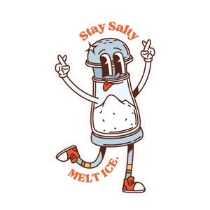 Puede incluir: Ilustración de dibujos animados de un salero con cara, brazos y piernas. El salero es azul claro y blanco, con zapatos rojos y el texto "Stay Salty Melt Ice" en naranja.