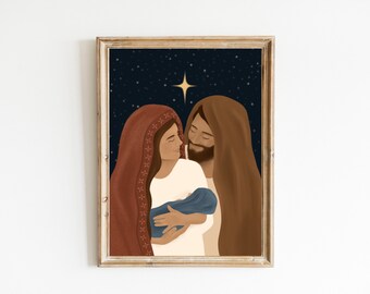 May include: A framed art print depicting a religious scene. The artwork features a couple, with the woman holding a baby wrapped in blue. The background is a dark blue night sky with stars and a bright star.