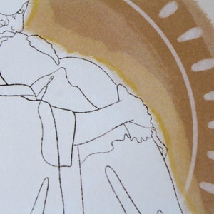 May include: Abstract line art illustration featuring figures in a warm color palette of beige and brown. The artwork has a minimalist style with a focus on form and emotion, with a circular design element.