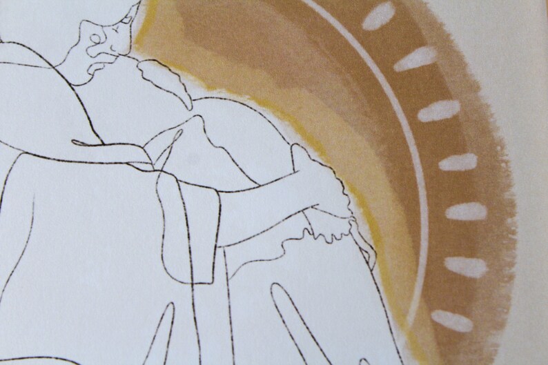 May include: Abstract line art illustration featuring figures in a warm color palette of beige and brown. The artwork has a minimalist style with a focus on form and emotion, with a circular design element.