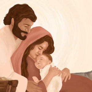 May include: Digital illustration of a family, featuring a man with a beard and a woman in a red head covering, cradling a baby wrapped in white. The artwork has a warm, soft color palette with a focus on the family's expressions of love and tenderness.