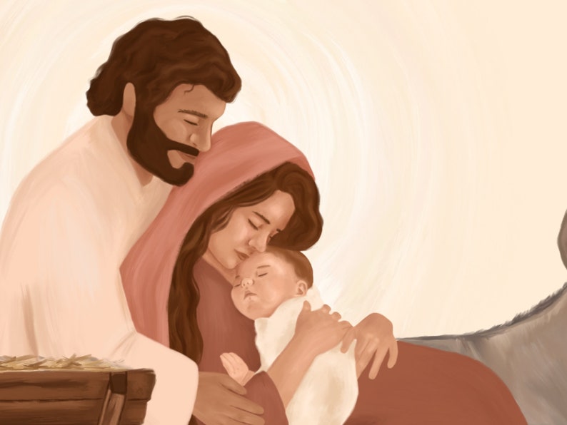 May include: Digital illustration of a family, featuring a man with a beard and a woman in a red head covering, cradling a baby wrapped in white. The artwork has a warm, soft color palette with a focus on the family's expressions of love and tenderness.
