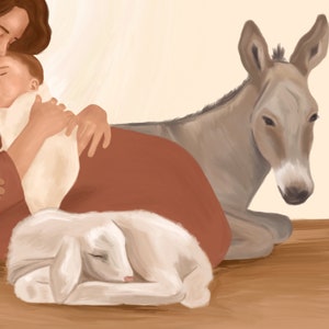 May include: An illustration depicts a mother cradling a sleeping baby, wrapped in a white blanket. A lamb rests peacefully nearby, and a donkey is in the background. The color palette is soft, with warm tones of brown, red, and beige.