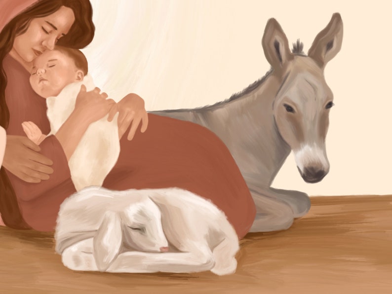 May include: An illustration depicts a mother cradling a sleeping baby, wrapped in a white blanket. A lamb rests peacefully nearby, and a donkey is in the background. The color palette is soft, with warm tones of brown, red, and beige.