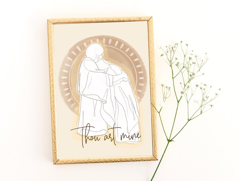 May include: A framed art print featuring a line drawing of two figures embracing, set against a beige background with a circular design. The words "Thou art mine" are written in a script font. The frame is gold.