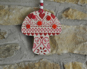 Toadstool hanging decoration, sampler hearts, Emma Bridgewater themed