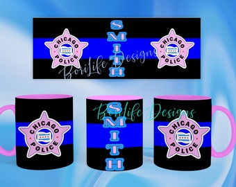 Chicago Gifts:   CPD Thin Blue Line Design with Pink Chicago Police Stars and Chicago Flag and Name