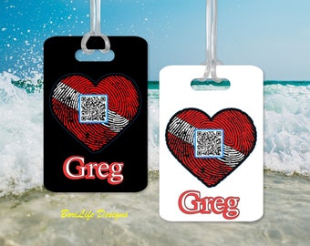 Personalized Double-Sided Sublimation   Scuba Heart Design Luggage/Computer Tag  with . Optional QR Code/ Initial /Name and Phone Number