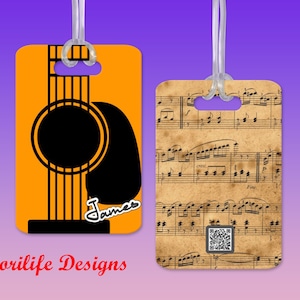 May include: Two luggage tags, one with a black silhouette of an acoustic guitar on an orange background and the name "James" written in cursive, and the other with a vintage sheet music design with a QR code in the bottom right corner.