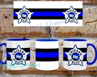 Chicago Gifts:   CPD Thin Blue Line Design Chicago Police Stars with Chicago Flag  Coffee Mug