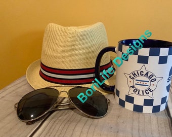 Personalized  Blue Checkered Design Chicago Police Coffee Mug with 2 CPD Star  and FamilyName/ First Name