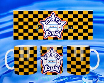 Chicago Gifts:   CPD Gold Checkered Design Chicago Police Star with Chicago Flag  Coffee Mug