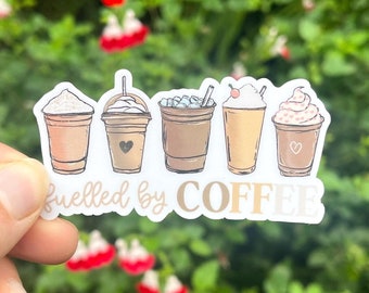 コーヒーダイカットステッカー | Fuelled by Coffee | ノートパソコン、ウォーターボトル、プランナーステッカー、マット