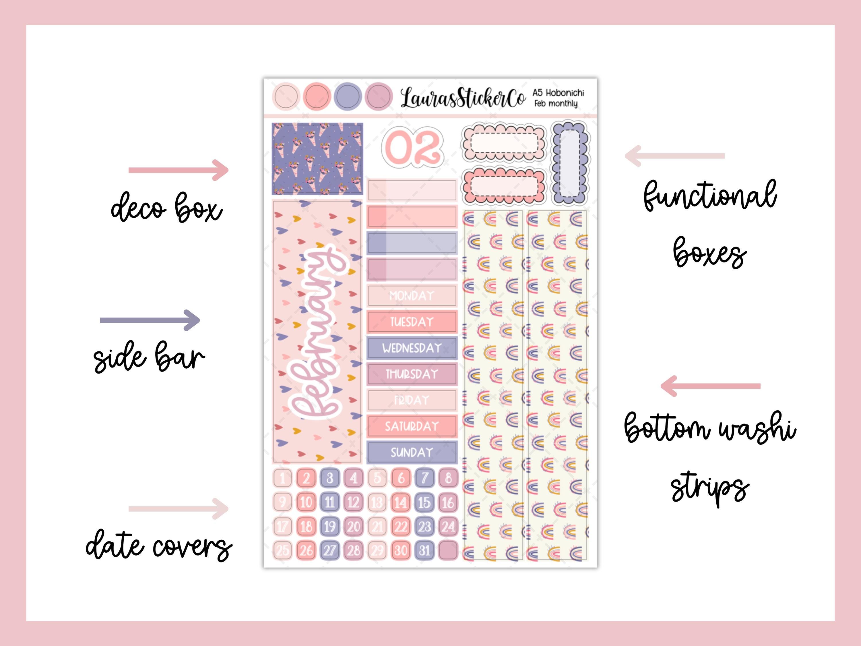 February Monthly Sticker Kit | Hobonichi Cousin Sticker Kit | A5 ...