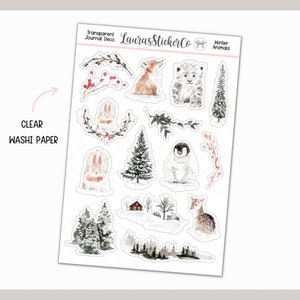 Adesivos de diário transparentes | Adesivos de papel washi transparentes, decoração grande, adesivos de primo hobonichi | Adesivos de decoração floral | Animais de inverno