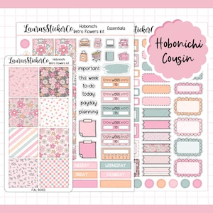 May include: Planner stickers with a retro floral design. The stickers feature full boxes, labels, and functional elements in pink, peach, and mint green. Text includes "Hobonichi Cousin", "important", "this week", and "to-do". Measurements are not applicable.