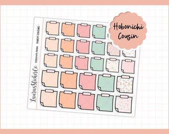May include: Sheet of planner stickers featuring colorful sticky notes in shades of peach, pink, and mint green. The stickers are labeled "Hobonichi Cousin" and "March Colours". The brand name "LaurasStickerCo" is also visible.